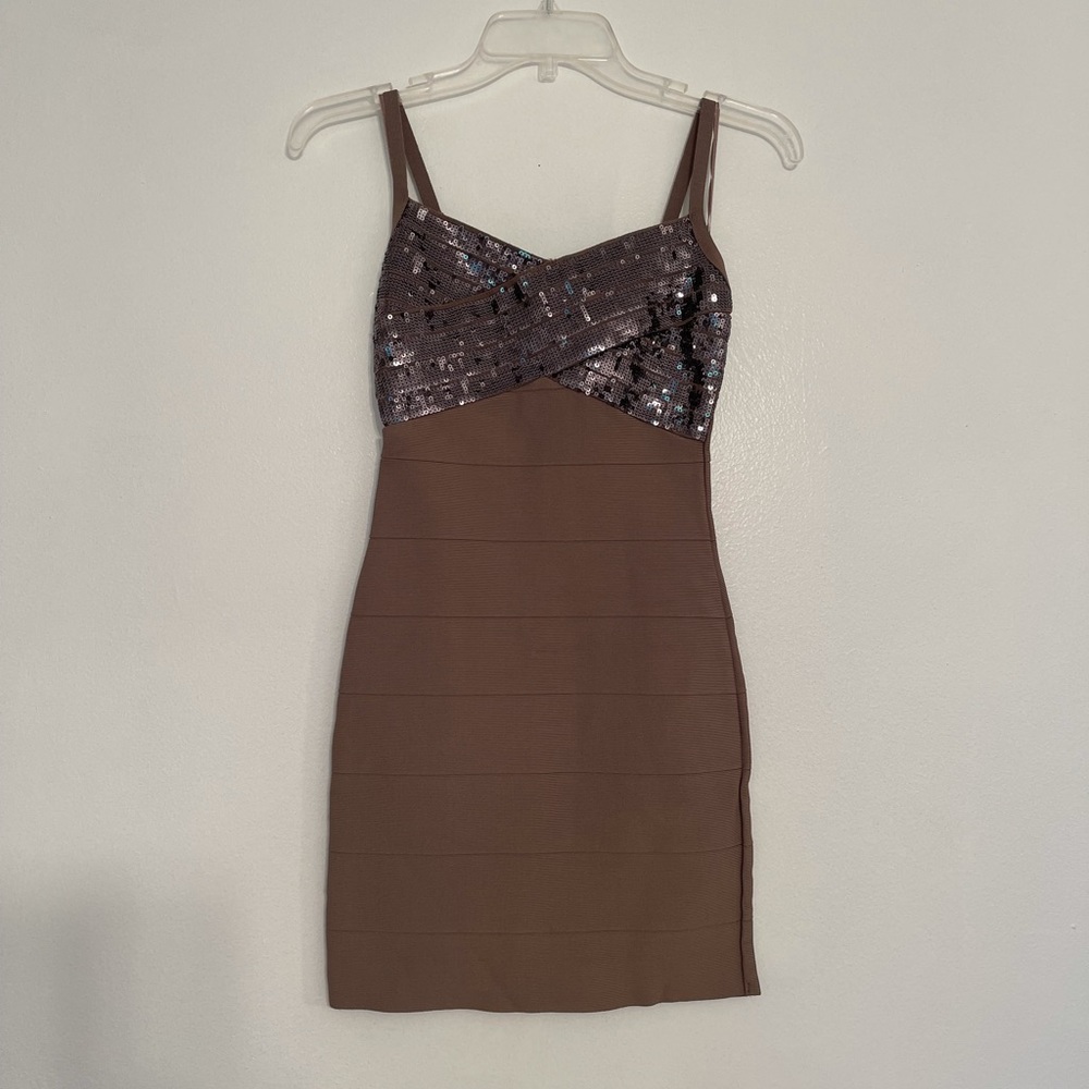 Guess Party Dress with Sequin Size S earthy light brown color stretchy